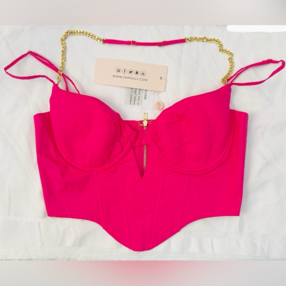 OH POLLY Hot Pink Bustier Top with Gold Chain Straps